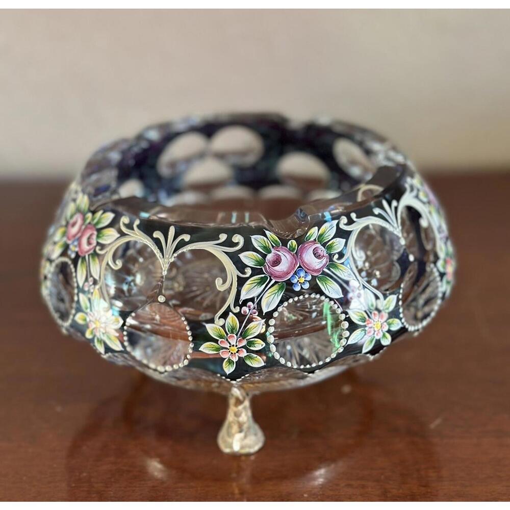 Moser Bohemian Enamel Hand painted Crystal Ashtray